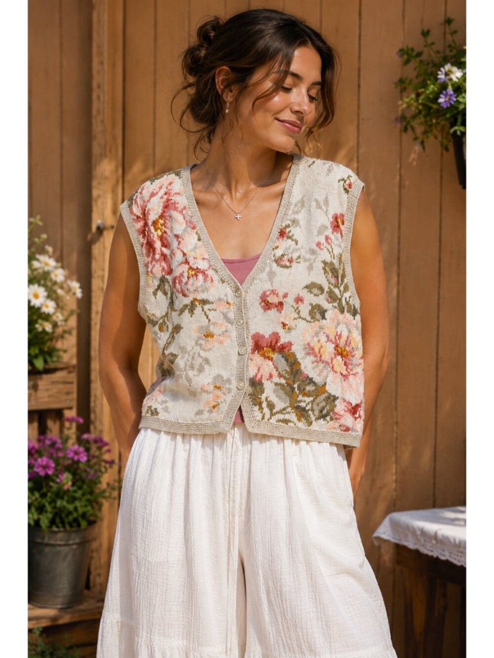 VTG Floral Embroidered Cotton Ramie Linen Sweater Vest Petite Large Cottagecore
